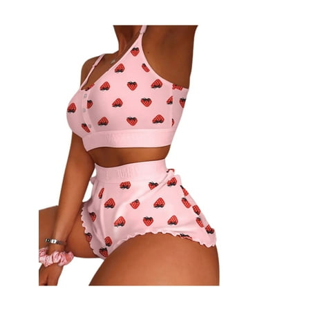 

YCCOTO Womens Sleepwear Pajamas Set Strappy Crop Tops Bra + High Waist Shorts Nightwear Lingerie PJs