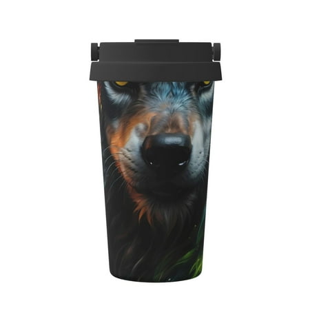 

Hirioo Realistic Style Green Fur Wolf for Coffee Travel Mug Insulated Coffee Mug with Lid