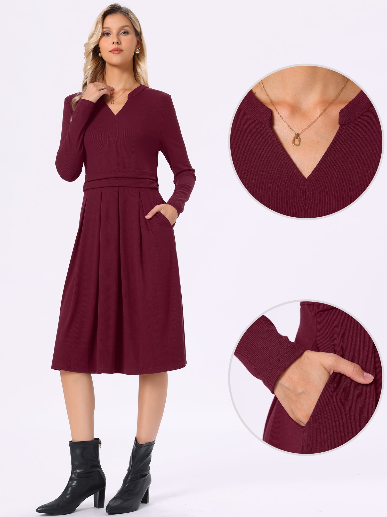 DARING DIVA Women's Knit Dress V Neck Stretchy Knee Length A-Line Dresses XL Deep Red