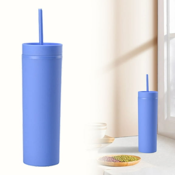 16oz Slim Tumbler with Lid and Straw, Double Wall Insulated Plastic Travel Mug, Reusable Leakproof Water Bottle for Coffee & Cold Drinks, 450ml