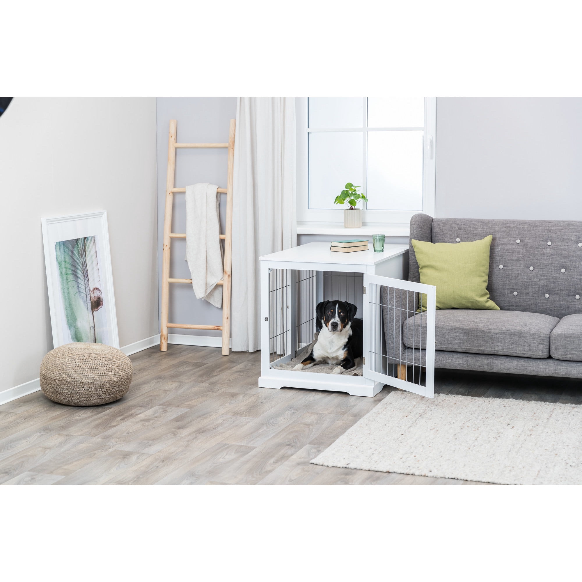 TRIXIE 38.7" Dog Crate, Wooden Indoor Kennel Furniture for Large Dogs Up to 66 lb, White