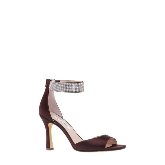 NINA NEW YORK Womens Brown Rhinestone Embellished Ankle Strap Goring Cushioned Dezzie Square Toe Stiletto Zip-Up Dress Heeled Sandal 8.5 M