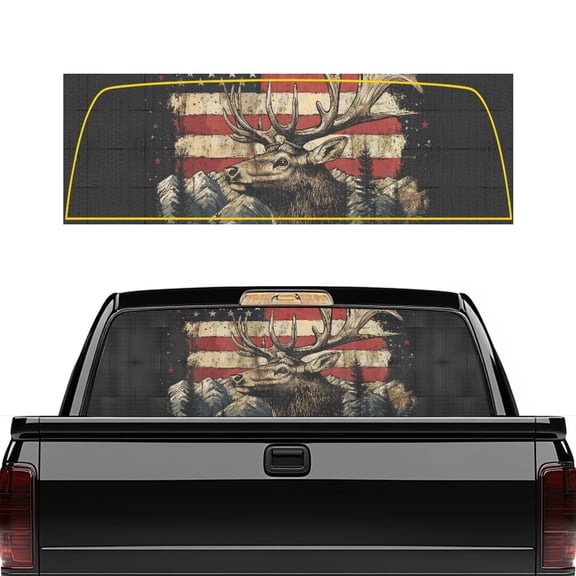 Uourmeti Elk American Flag Perforated Vinyl Rear Window Decal, 66.9" x 22.4" Fade Resistant See-Through Sticker for Most Pickup Trucks