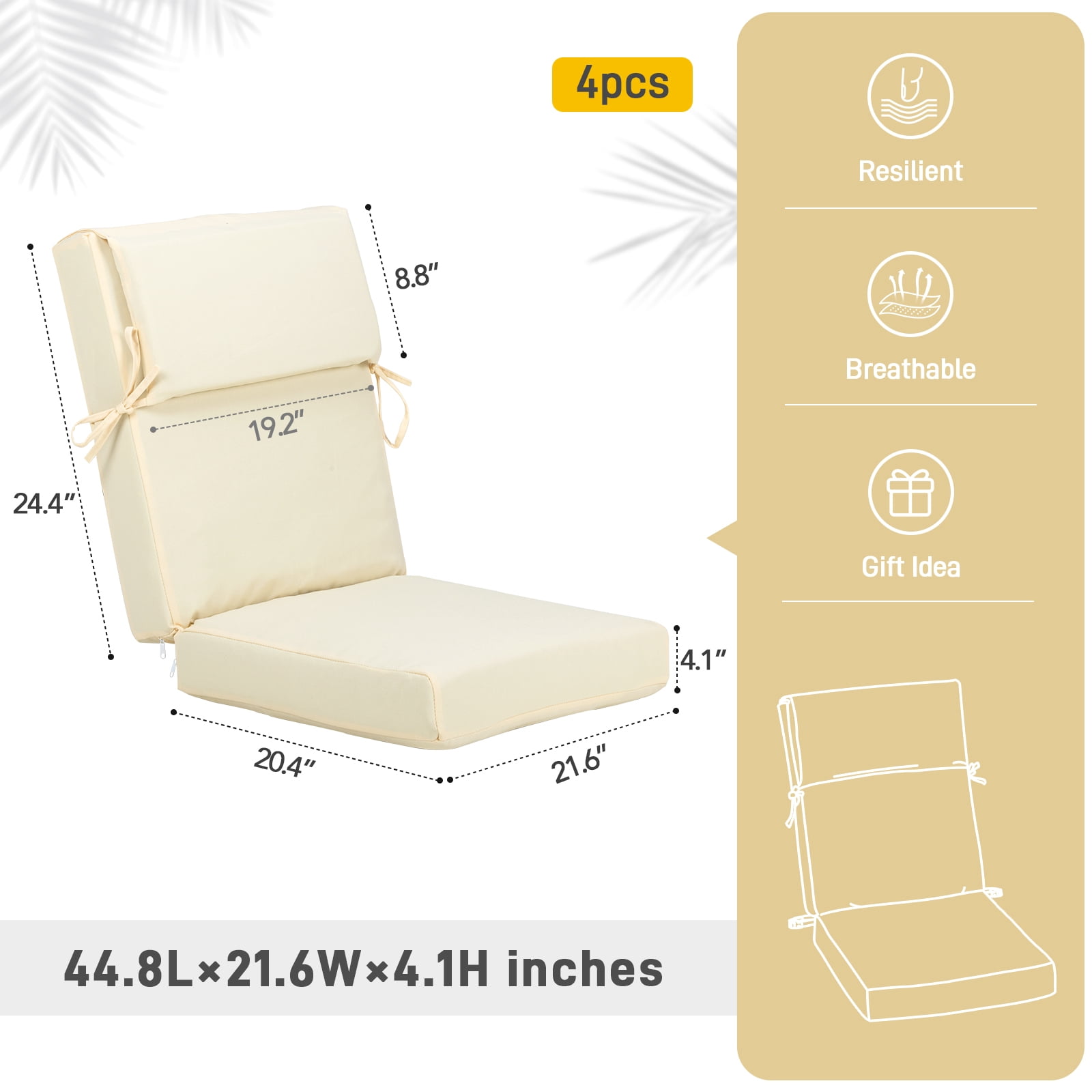 Aoodor 4-Piece Outdoor Chair Cushions 45 x 22 x 4 Inch Patio Furniture Seat Cushion - Cream Yellow