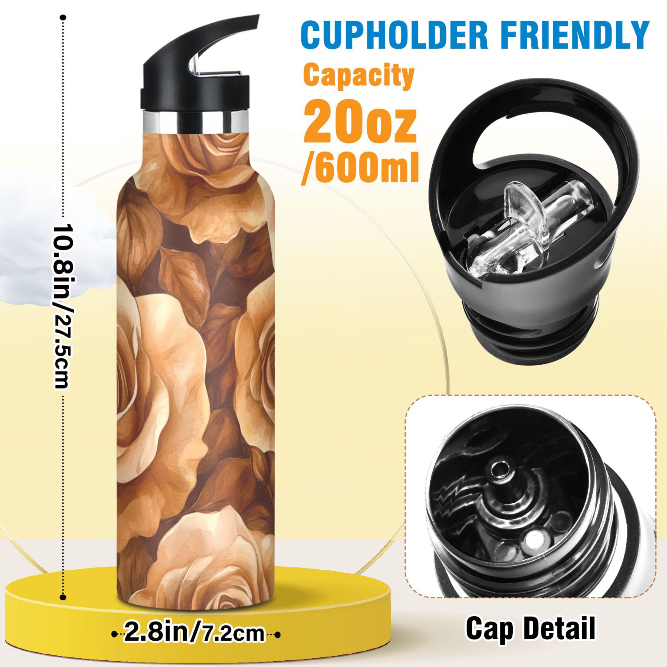 600ML Stainless Steel Insulated Cup Sports Water Bottle Portable Thermos Cup Water Glasses Insulated Tumblers Convenient and Durable Brown Roses Seamless