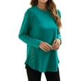 thumbnail image 3 of Women Solid Color Side Button Crew Neck Long Sleeve Scoop Hem Top, 3 of 5