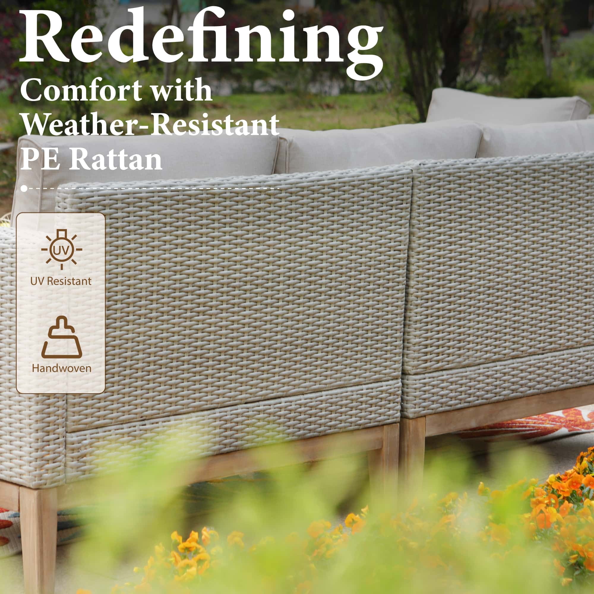 MF Studio 5 Pieces Outdoor Patio Conversation Set Wicker Furniture Sectional Sofa Set with Solid Acacia Wood Frame Beige