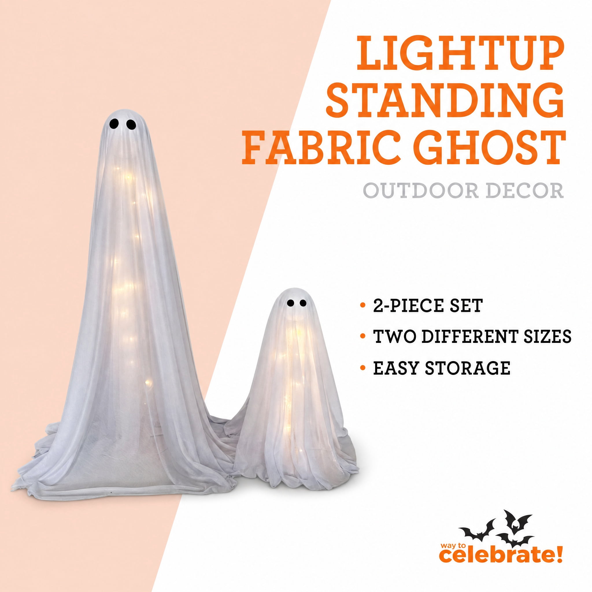 Light-Up Standing Fabric Ghost Decorations, White, 2 Pieces, Halloween by Way To Celebrate
