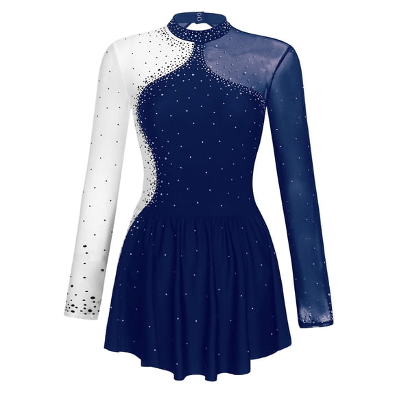 Aislor Women Sparkly Rhinestone Figure Skating Long Sleeve Lyrcial Ballet Dance Leotard Dress Navy Blue M