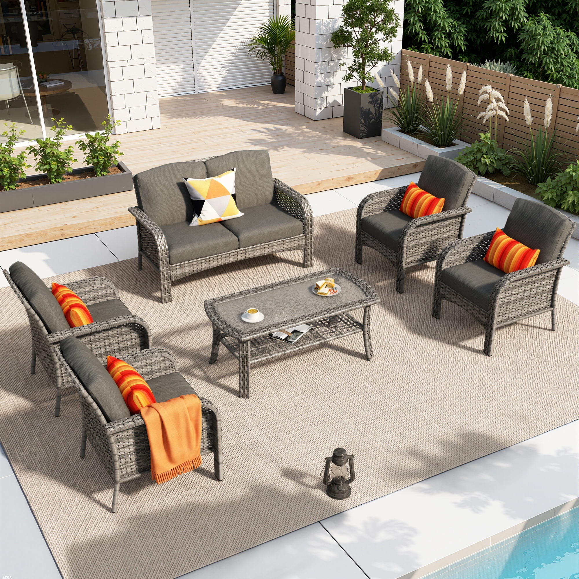 Toject 6 Pieces Patio Furniture Set, Wicker Outside Furniture with Loveseat Table Chairs Set for Porch, All-Weather High Back Outdoor Conversation Set for Backyard, Black