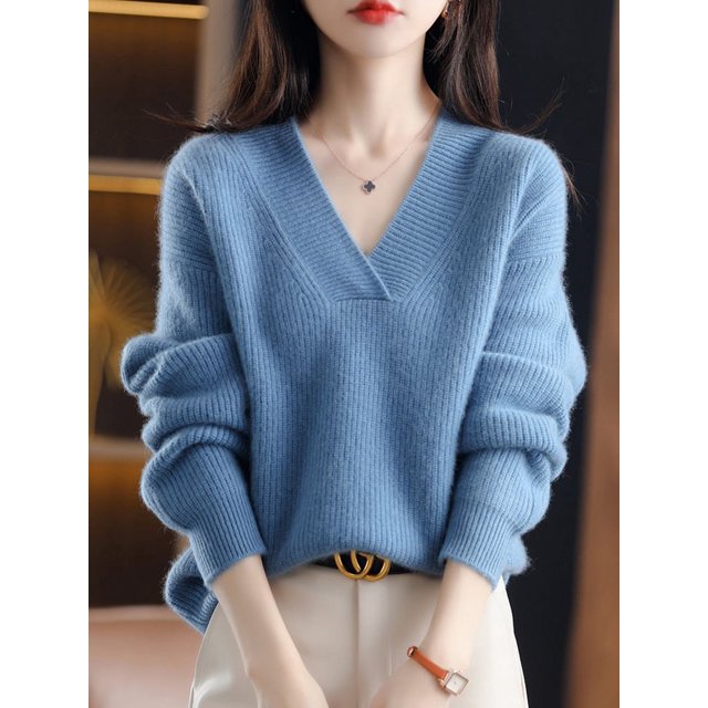 Suéter de punto suelto para mujer, jersey con Base de cuello en V, suaves y cálidas prendas de punto, Tops casuales elegantes, Otoño e Invierno