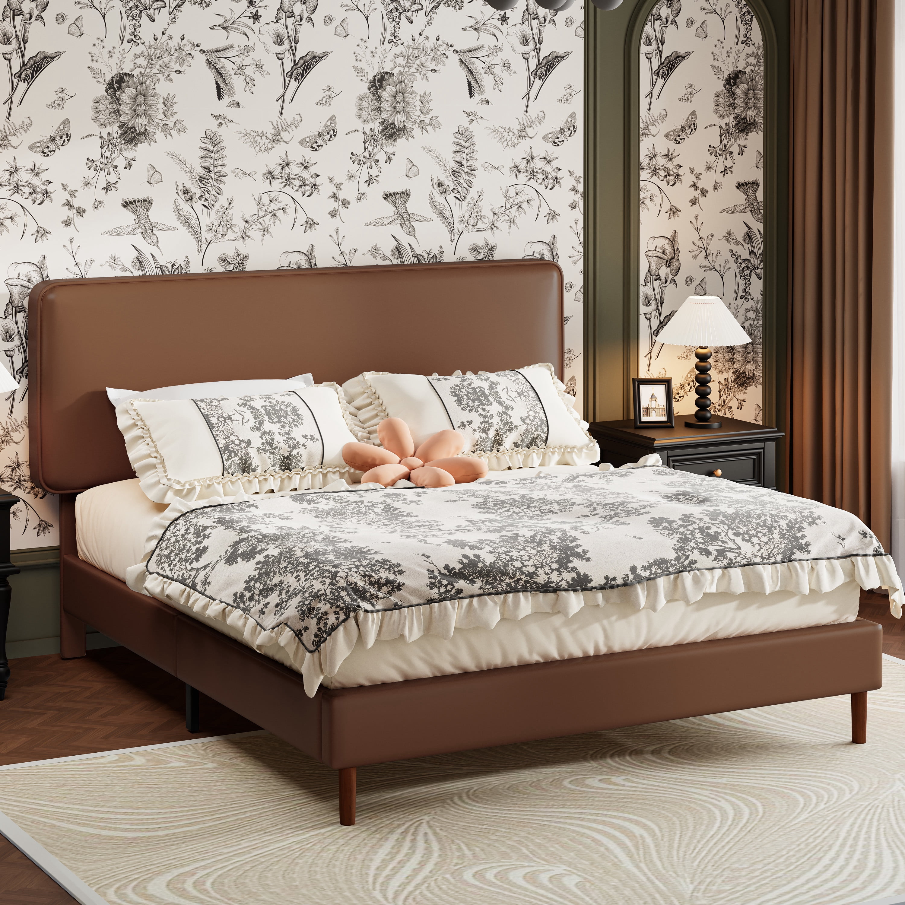 Frostbloom Full Bed Frame, Upholstered Faux Leather Platform Bed with Adjustable Headboard, Dark Brown