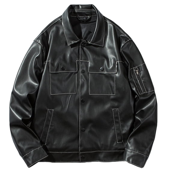 IROINNID Men's Faux Leather Turndown Lapel Long Sleeve Solid Color Leisure Jacket Stand Collar Motorcycle Washed Outwear & Jackets