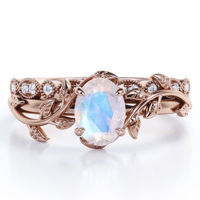 JeenMata Anillo de Novia con Diseño de Hojas Estilo Art Déco, Filigrana Milgrain, Piedra Lunar Azul de Corte Ovalado de 1,5 Quilates y Moissanita, Chapado en Oro Rosa de 18 K sobre Plata