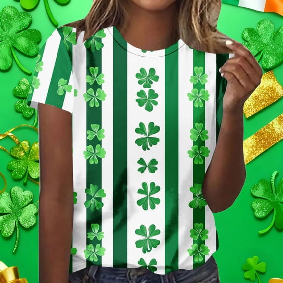 Craaazy Women's Short Sleeve Shamrock Printed Crewneck St Patricks Day T Shirts Gifts