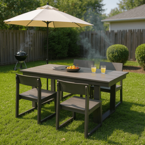 5-Piece Durable HDPE Outdoor Dining Set 69-Inch Weatherproof Table with Umbrella Hole & 4 Stackable Chairs for Patio Backyard Poolside Gray