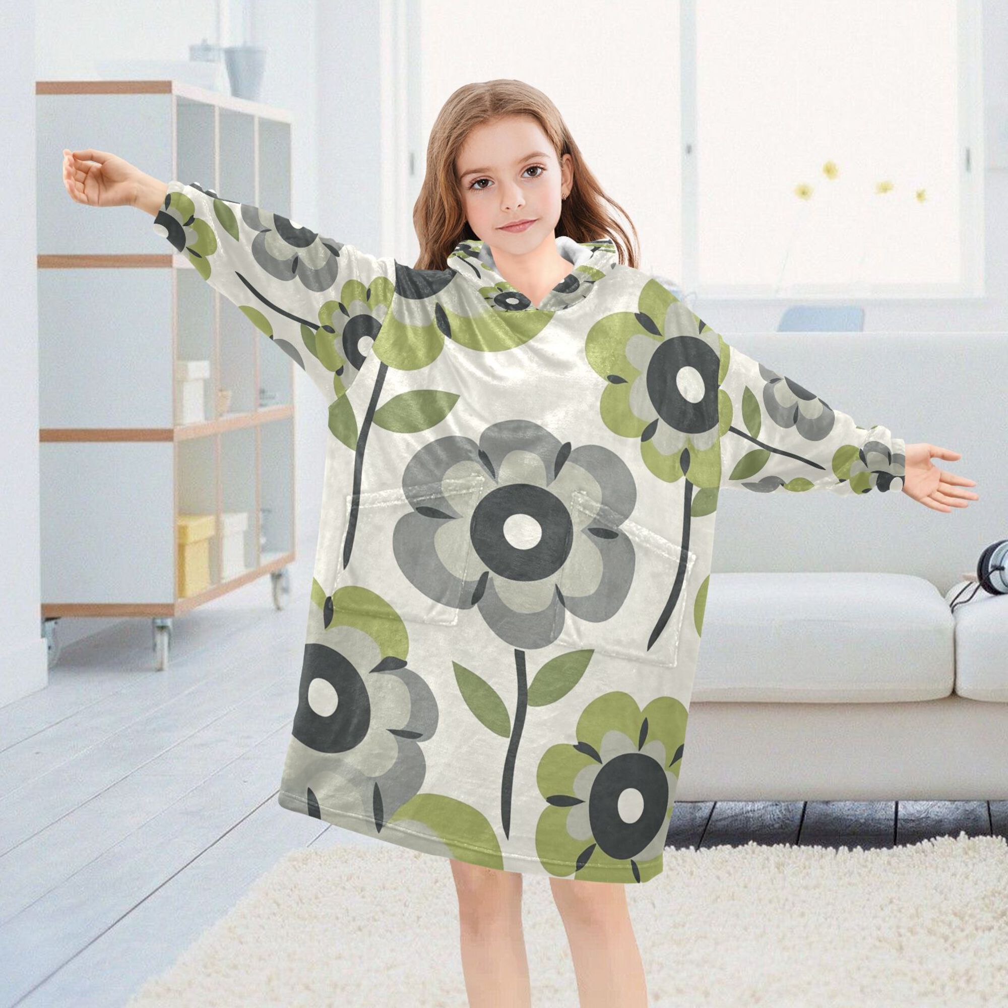 FORMRS Wearable Blanket Hoodie with Sleeves for Kids Cozy Flannel Sweatshirt, Retro Flower