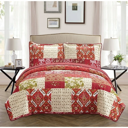Burgundy Red Louvered Shutter - Fancy Linen 3pc King Bedspread Bed Cover Floral Burgundy Beige Red New