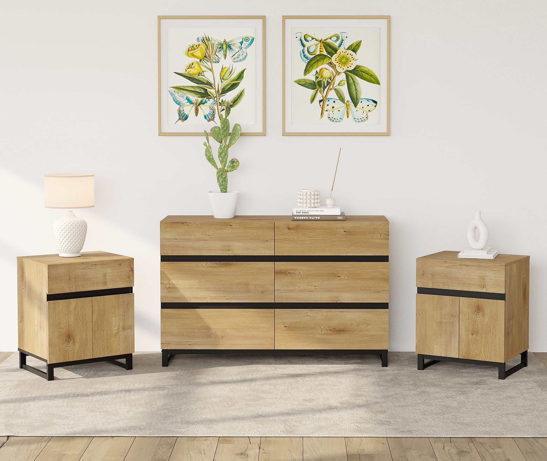 WAMPAT Modern 3-Piece Bedroom Furniture Set, 47 Inch Dresser with 6 Drawers & 2 Nightstands with Drawer and Cabinet Design, Oak