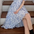 thumbnail image 5 of Women Summer Dress Puff Sleeves High Low Ruffle Hem Floral Print Elastic Waist Summer Dress Blue L, 5 of 8