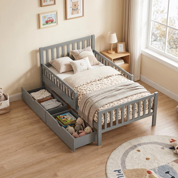 Homy Casa Twin Size Wood Platform Bed with Dual Side Rails, 2 Storage Drawers, Sturdy Pine Frame, Gray, Easy Assembly, for Kids or Teens
