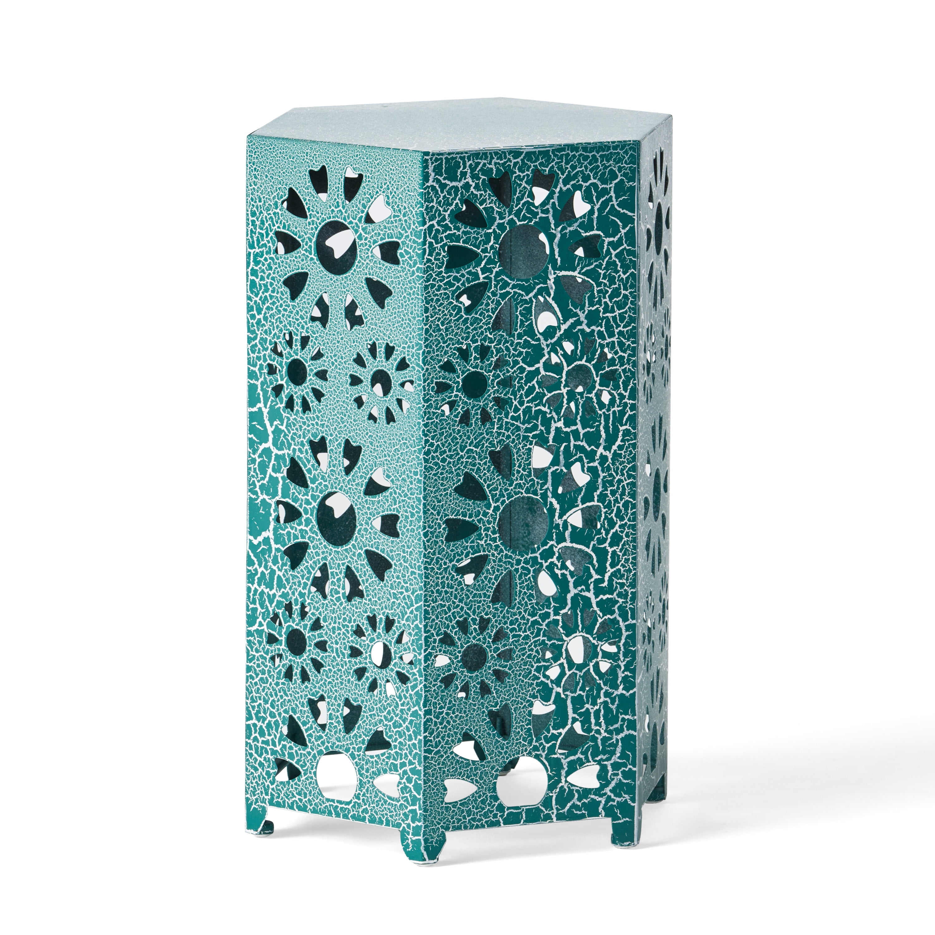 Outdoor Sunburst Hollow Out Side Table 14 Inch, Decor Metal End Table for Patio Garden, Crackle Teal