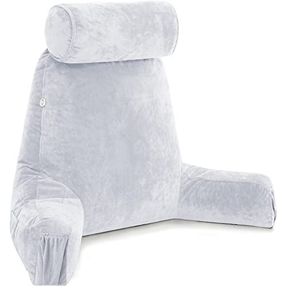 Husband Pillow Medium Light Grey, Backrest for Kids, Teens, Petite Adults - Reading Pillows with Arms, Adjustable Loft, Plush Memory Foam, Bed Rest Chair Sitting Up, Detach Neck Roll, Removable Cover