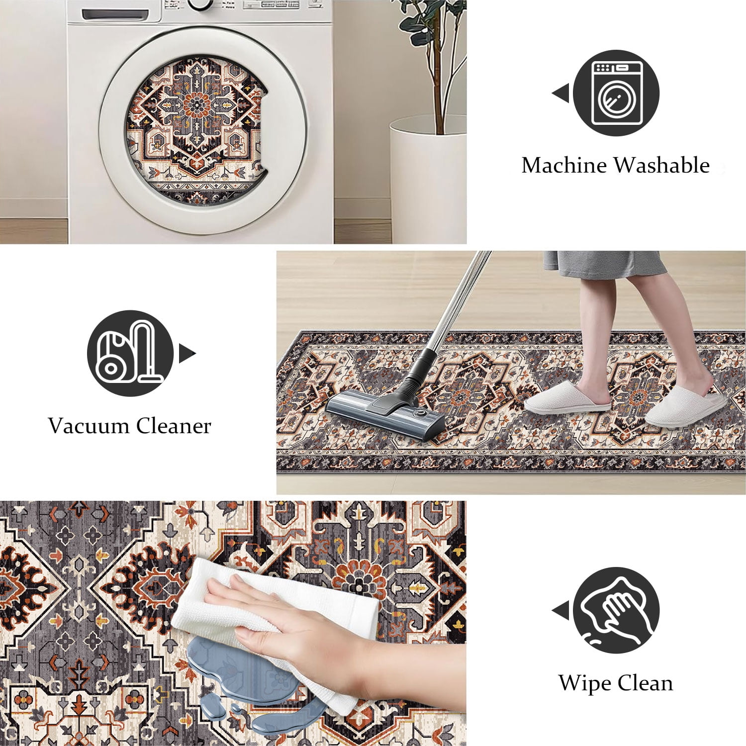 TECHVIDA Kitchen Rugs 3 Piece Set,Non Slip Machine Washable Kitchen Mats,Boho Vintage Abstract Kitchen Carpet for Farmhouse Living Room Hallway