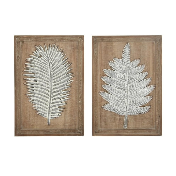 DecMode Brown Wood Carved Leaf Wall Decor (2 Count)