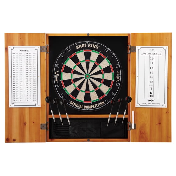 Viper Metropolitan Sisal Fiber Bristle Dartboard and Cabinet Bundle: Standard Set (Shot King Dartboard), Oak Finish