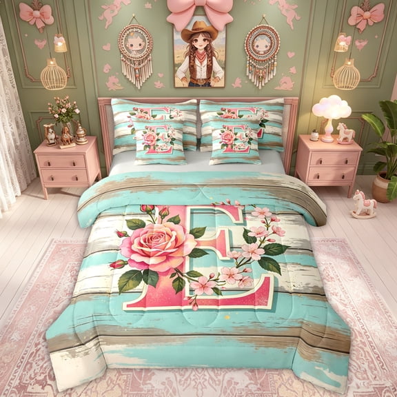 Feelyou Rose Wood Letter E Twin Bedding for Kids, Farmhouse Lodge Cabin Bedding Comforter Set, Pink Teal, Grey Reversible, 7-Piece