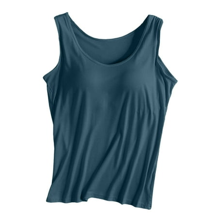 MIASHUI Women Solid Color Tank Top with Bra Wide Strap Yoga Sports Vest Blue M
