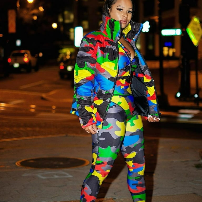 Womens Winter Coats Unisex Long Sleeve Glossy Camouflage Bread