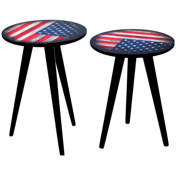 Round Wooden Side Tables, Portable Coffee Tables, End Tables for Living Room and Bedside with American Flag Design - Set