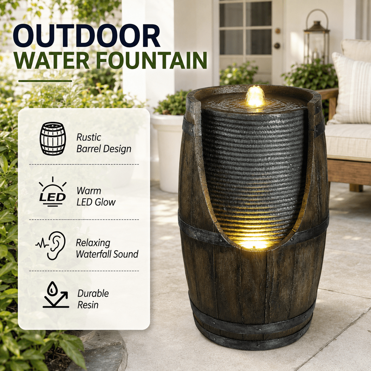 Aukfa Farmhouse Barrel Outdoor Water Fountain with LED Lights for Patio Garden Yard,Green