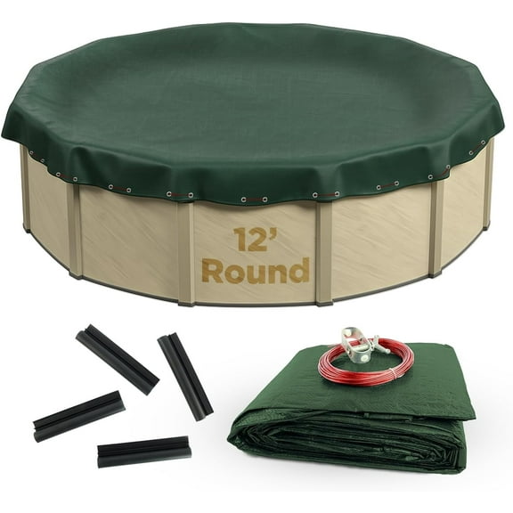 Buffalo Blizzard Supreme Green/Black Round Winter Cover with Wind Guard Clips, 12'