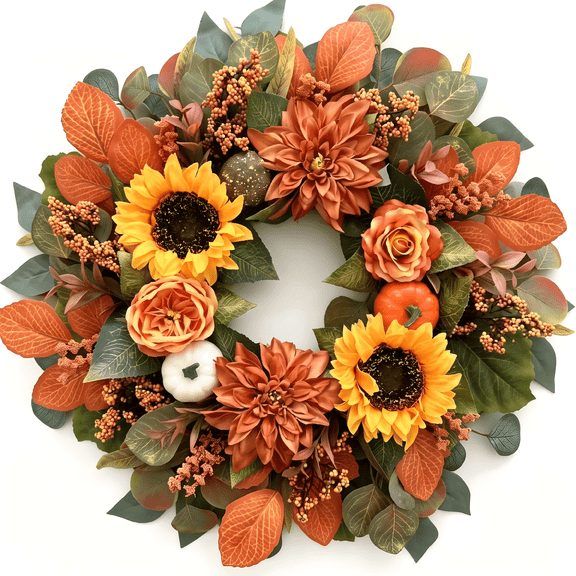 21.6 Inch Fall Wreath for Front Door, Artificial Autumn Sunflower Wreath with Pumpkins, Dahlias, Roses & Eucalyptus, Thanksgiving Wreath for Home Porch Wall Indoor Outdoor Decor