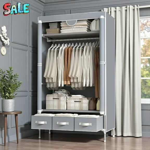 Tcbosik 67"H Closet Wardrobe with Hanging Rod and 3 Drawers, Gray Non-Woven Fabric Storage Cabinet with Rolling Door – Easy Setup Portable Closet for Small Spaces