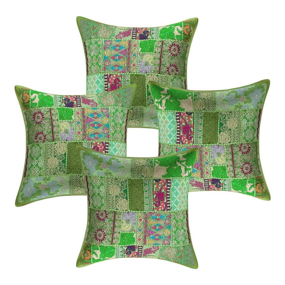 Stylo Culture Indian Cotton Living Room Throw Pillow Sham Covers Parrot Green 18x18 Bohemian Vintage Patchwork Indian Couch Cushion Covers 45 x 45 cm Decorative Abstract Square Pillowcases | Set Of 4