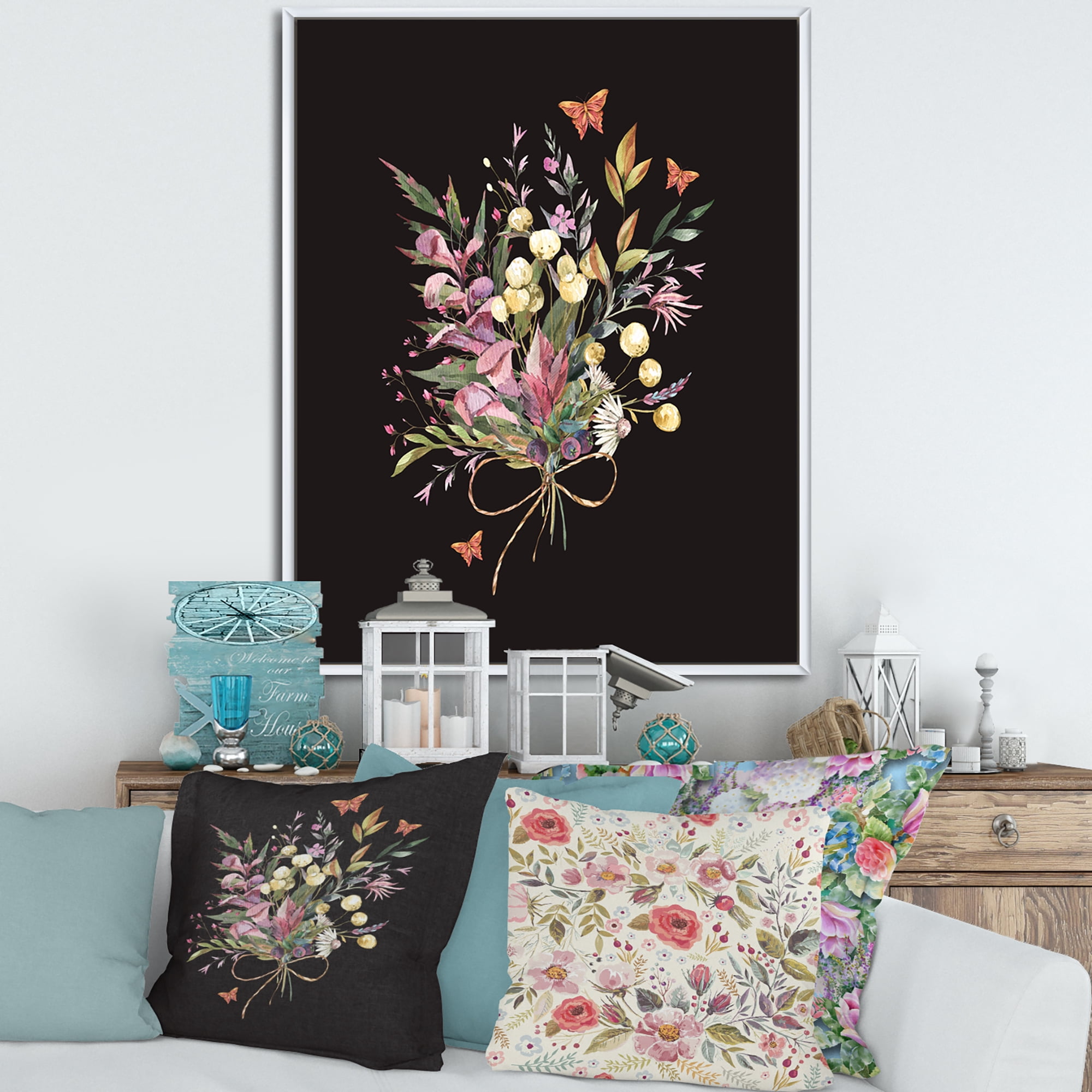 Designart 'Ancient Floral Summer Wildflowers Arrangement' Traditional Framed Canvas Wall Art Print