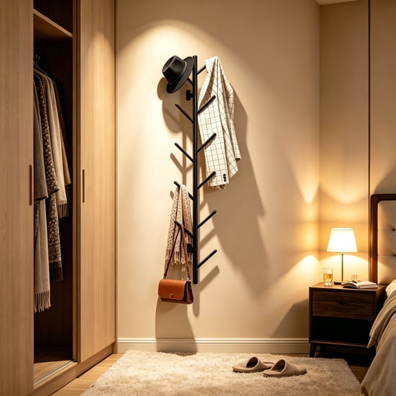 Vertical Wall-Mounted Coat Rack with Metal Hooks - Modern Floating Coat Tree for Hats, Scarves, Bags, Jackets - Ideal for Entryway, Living Room, Bedroom (Black)