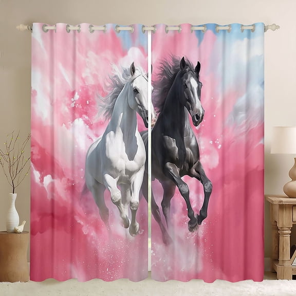 Feelyou 3D Couple Horse Black Out Curtains for Kids, Kawaii Rustic Animal Curtains Pack of 2 (42x63 Each), Pink Watercolor Bedroom Curtains, Blackout Curtains Bedroom Decor