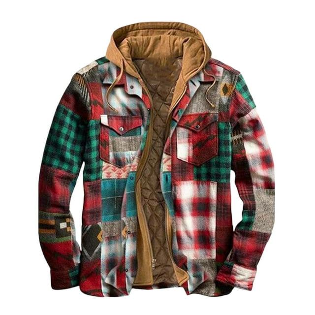 WRKEKC Men's Checkered Print Fleece Jacket with Button Pockets, Long Sleeve Faux Two-Piece Hooded Coat for Urban Street Style Multicolor 3XL