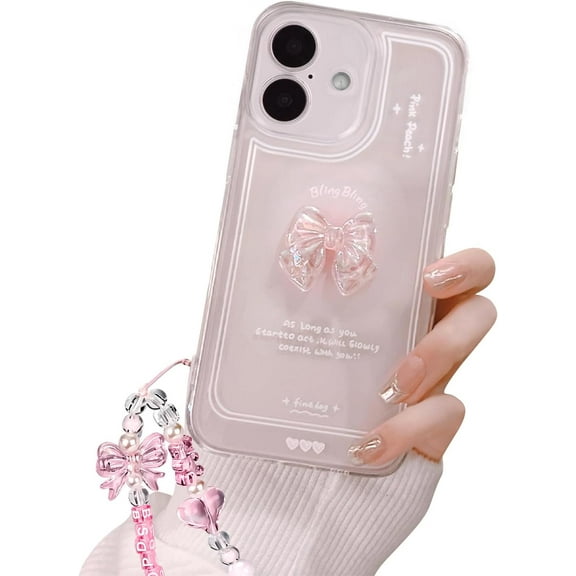 Compatible for iPhone 17 Cute 3D Pink Bowknot Slim Clear Aesthetic Design Women Teen Girls Camera Lens Protection Phone Cases Cover Glitter Bow Crystal Sparkly Chain