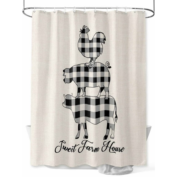 Farm Animal Shower Curtain, Buffalo Plaid Cow Pig Chicken Burlap Background Waterproof Shower Curtain Set with 12 Hooks Lightweight Washable Fabric Shower Curtains for Bathroom 36x72 Inches