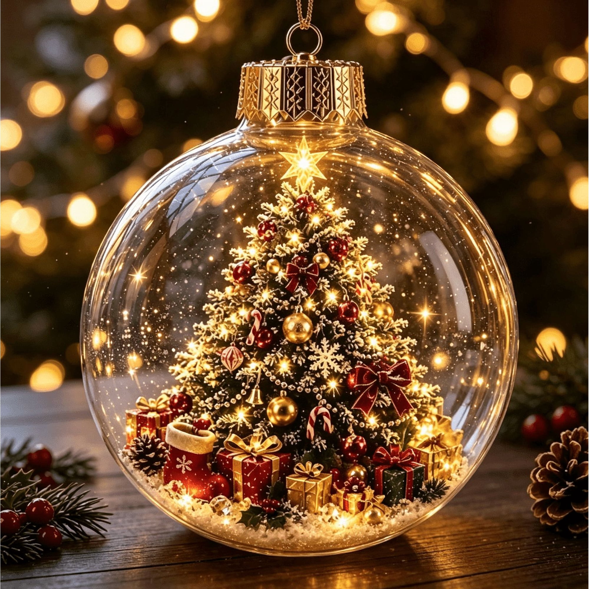 Glowing Christmas Diorama Ornament Festive Illuminated Mini Tree Acrylic Hanging Bauble Premium Holiday Decoration for Home Display and Christmas Presents