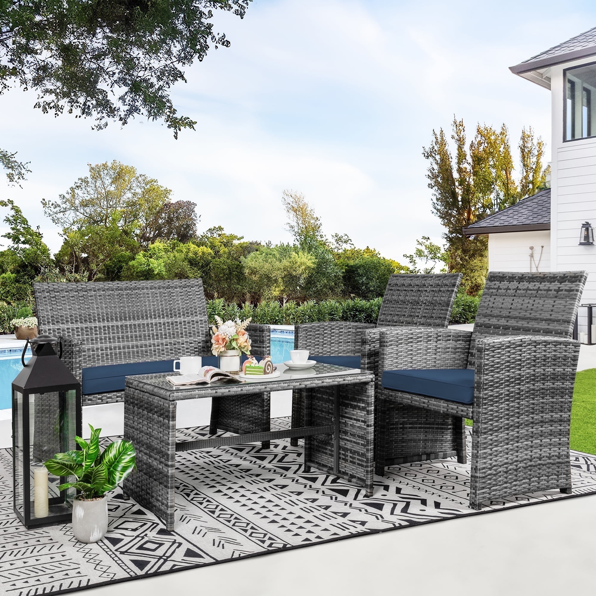 Walsunny 4-Piece Patio Rattan Furniture Set with Cushions & Tempered Glass Tabletop, Dark Blue