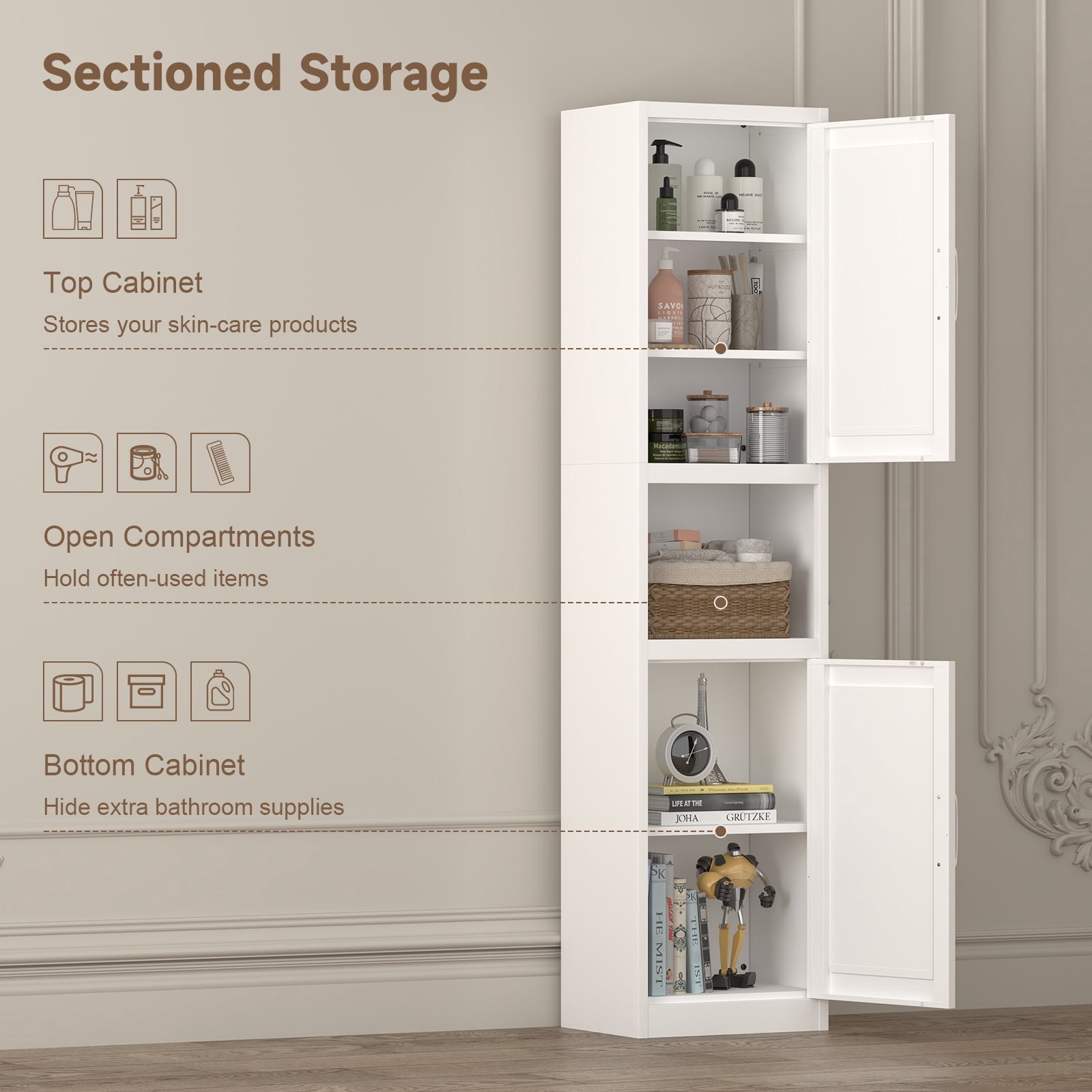 Marcree 67" Tall Bathroom Storage Cabinet, Metal Narrow Storage Cabinet with 2 Doors & 6 Shelves, Slim Skinny Cabinet for Linen, Pantry, Kitchen, Living Room & Home Office, White