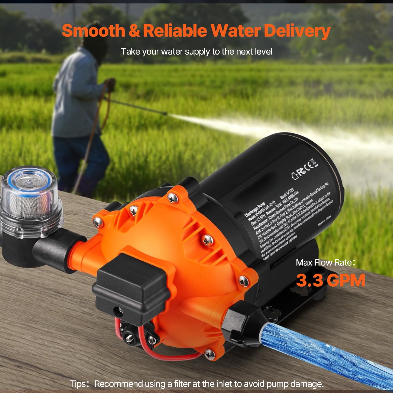 KFFKFF Water Pressure Diaphragm Pump Self-Priming Pump 110V 45 PSI 3.3GPM Boat RV