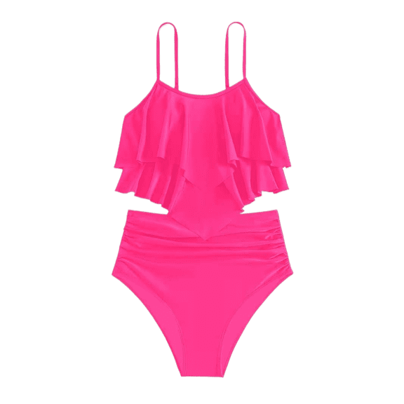 Rhuody Swimsuit For Girls 12-13 Years Sleeveless Two Piece Swimwear Solid Color Bikini With Ruffled Back And Tankini Top For Teens And Youth Adorable Ruched Suit Pink2